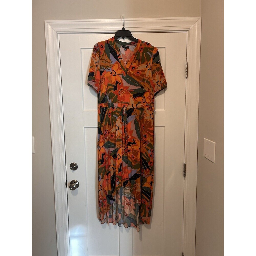 MSK Women's Split Neck Puff Sleeve High Low Dress Size XL Floral Boho Modest